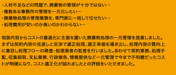 ・人材不足などの問題で、廃棄物の管理が十分ではない…・複数ある事務所の管理を一元化したい…・廃棄物処理の管理業務を、専門家に一括して任せたい…・処理費用が安いのか高いのかわからない…相談内容からコストの最適化に主眼を置いた廃棄物処理の一元管理を提案しました。まずは契約内容の見直しと交渉で適正処理、適正単価を導き出し、処理内容の質向上に着目し処理フローの精査・処理業者の監査を行いました。あわせて契約業務、処理手配、収集段取、支払業務、行政報告、情報提供など一元管理で今まで不明瞭だったコストが明確になり、コスト適正化が図れましたとの評価をいただきました。