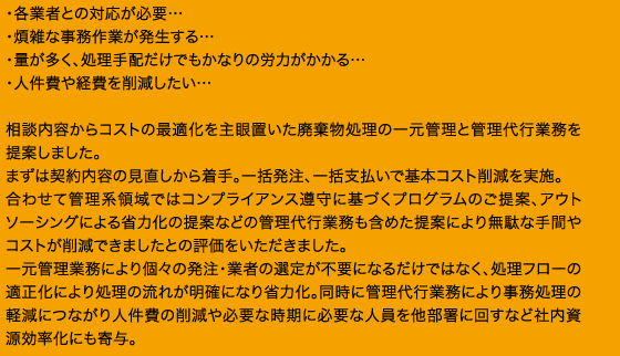 ・各業者との対応が必要…・煩雑な事務作業が発生する…・量が多く、処理手配だけでもかなりの労力がかかる…・人件費や経費を削減したい…相談内容からコストの最適化を主眼置いた廃棄物処理の一元管理と管理代行業務を提案しました。まずは契約内容の見直しから着手。一括発注、一括支払いで基本コスト削減を実施。合わせて管理系領域ではコンプライアンス遵守に基づくプログラムのご提案、アウトソーシングによる省力化の提案などの管理代行業務も含めた提案により無駄な手間やコストが削減できましたとの評価をいただきました。一元管理業務により個々の発注・業者の選定が不要になるだけではなく、処理フローの適正化により処理の流れが明確になり省力化。同時に管理代行業務により事務処理の軽減につながり人件費の削減や必要な時期に必要な人員を他部署に回すなど社内資源効率化にも寄与。