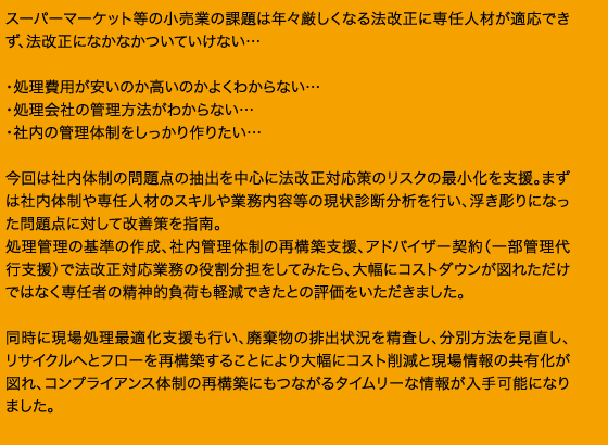 スーパーマーケット等の小売業の課題は年々厳しくなる法改正に専任人材が適応できず、法改正になかなかついていけない…・処理費用が安いのか高いのかよくわからない…・処理会社の管理方法がわからない…・社内の管理体制をしっかり作りたい…今回は社内体制の問題点の抽出を中心に法改正対応策のリスクの最小化を支援。まずは社内体制や専任人材のスキルや業務内容等の現状診断分析を行い、浮き彫りになった問題点に対して改善策を指南。処理管理の基準の作成、社内管理体制の再構築支援、アドバイザー契約（一部管理代行支援）で法改正対応業務の役割分担をしてみたら、大幅にコストダウンが図れただけではなく専任者の精神的負荷も軽減できたとの評価をいただきました。同時に現場処理最適化支援も行い、廃棄物の排出状況を精査し、分別方法を見直し、リサイクルへとフローを再構築することにより大幅にコスト削減と現場情報の共有化が図れ、コンプライアンス体制の再構築にもつながるタイムリーな情報が入手可能になりました。