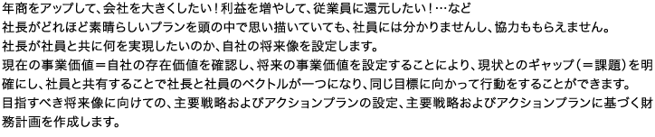 年商をアップして、会社を大きくしたい！利益を増やして、従業員に還元したい！…など社長がどれほど素晴らしいプランを頭の中で思い描いていても、社員には分かりませんし、協力ももらえません。社長が社員と共に何を実現したいのか、自社の将来像を設定します。現在の事業価値＝自社の存在価値を確認し、将来の事業価値を設定することにより、現状とのギャップ（＝課題）を明確にし、社員と共有することで社長と社員のベクトルが一つになり、同じ目標に向かって行動をすることができます。目指すべき将来像に向けての、主要戦略およびアクションプランの設定、主要戦略およびアクションプランに基づく財務計画を作成します。